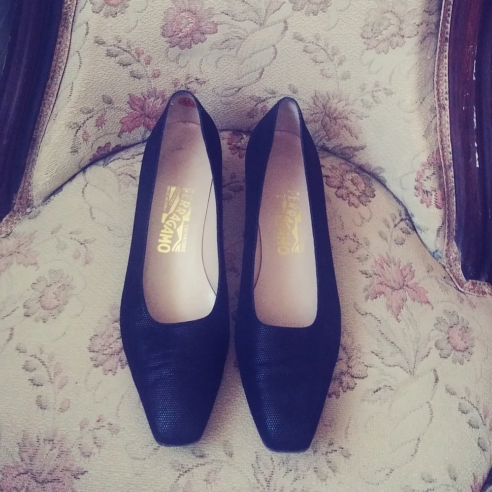 Vintage Ferragamo Black Square Toe Heels